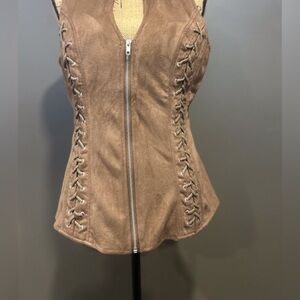 Faux chocolate suede sleeveless zipper crisscross back moto top 2XL